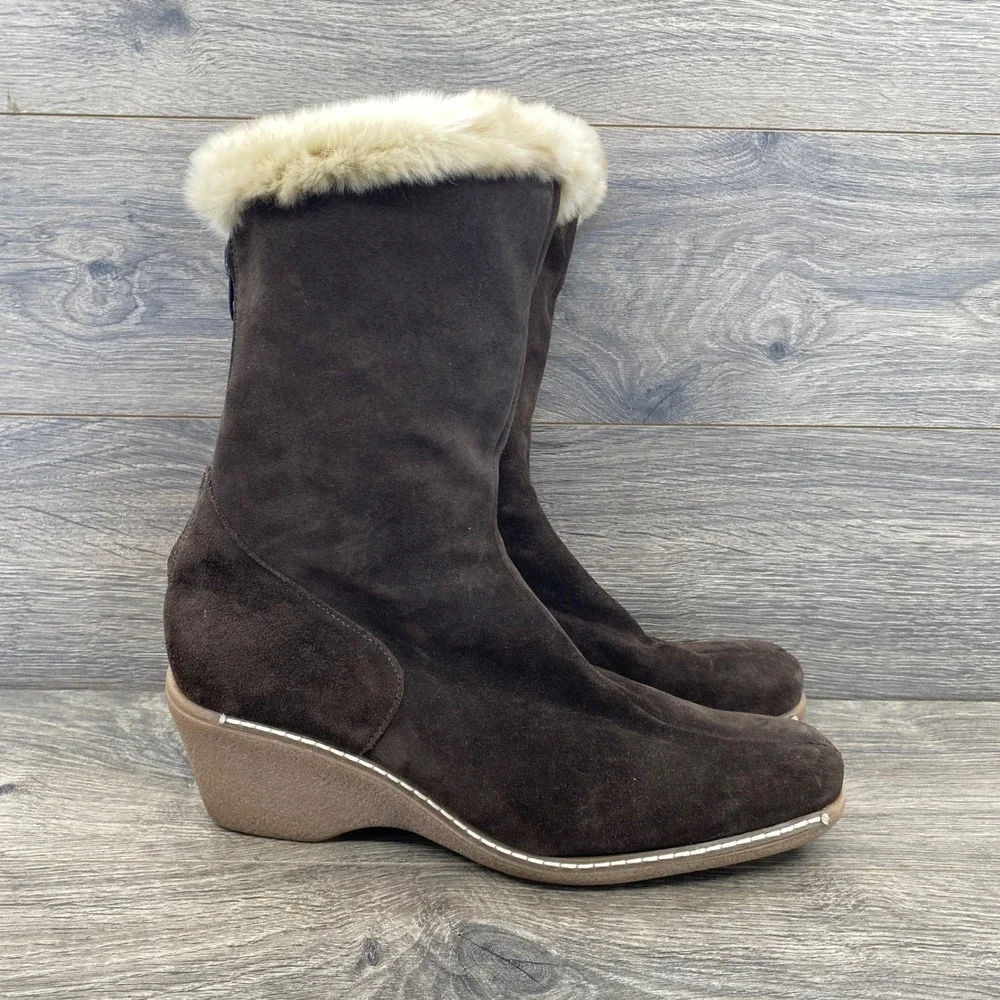 Maxine of Canada Mid-Calf Boots Women 10M Brown Suede Faux Fur Trim Wedge Heel